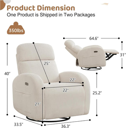 Swivel Rocker Recliner Chair, Rocking Recliner for Nursery with Side Pockets, Manual Swivel Reclining Nursery Glider Chair for Breastfeeding Living Room, Camel Chenille