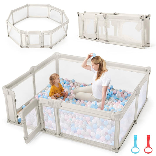 Sweeby Foldable Baby Playpen, Baby Gate Playpens for Babies and Toddlers 79x71 Extra Large Play Yard with Door Fence with Mat and Indoor Play Pen,Light Grey