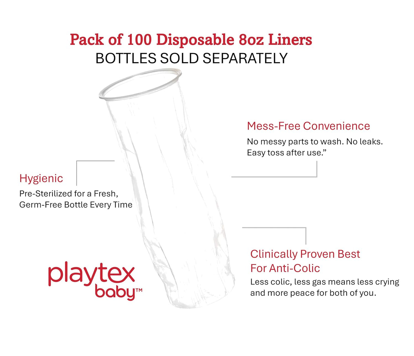 Playtex Baby Anti-Colic Nurser Bottles with Pre-Sterilized Disposable Drop-Ins Liners, 4 Oz Bottles (3 Count), Includes Slow Flow Nipples for Newborn and Breastfeeding Babies, Feeding Essentials