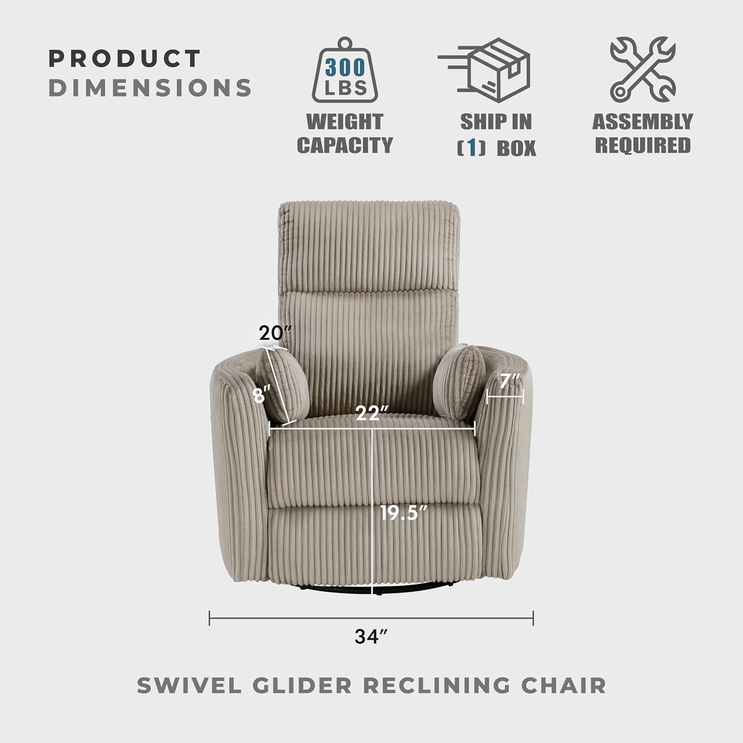 Lexicon Modern Swivel Glider Recliner Chair, Nursery Glider, Corduroy Fabric Upholstery Recliner with 2 Lumbar Pillows, Manual Reclining Sofa Chair for Living Room/Office/Apartment, Beige