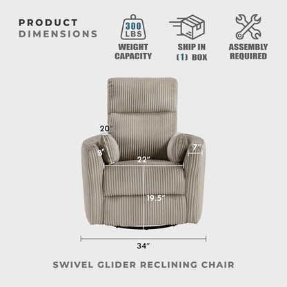 Lexicon Modern Swivel Glider Recliner Chair, Nursery Glider, Corduroy Fabric Upholstery Recliner with 2 Lumbar Pillows, Manual Reclining Sofa Chair for Living Room/Office/Apartment, Beige