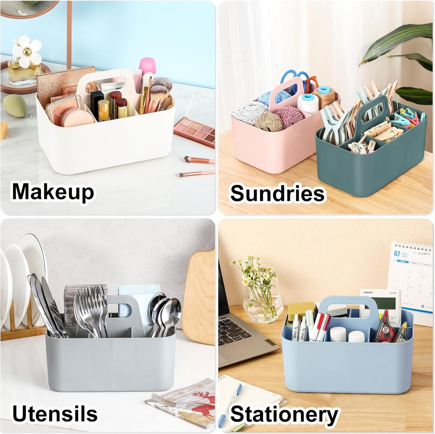 Multiuse Caddy Organizer with Handle, Portable Divided Plastic Tote Bin - Art Craft, Stationary Pen Marker Crayons, Makeup Hair Supplies Storage - Bathroom, Classroom, Dorm, Office, Desk Holder - Pink