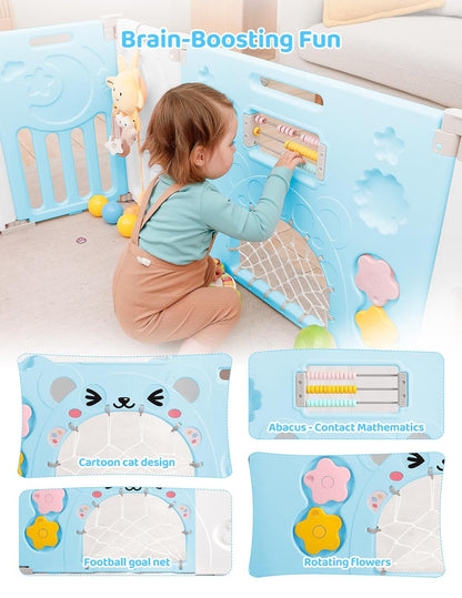 Baby Playpen, Dripex Baby Playard for Babies and Toddlers, 14-Panel Foldable Playpen Adjustable Portable Play Area, Indoor/Outdoor Kids Active Center with Game Panel & Safety Gate, Grey White
