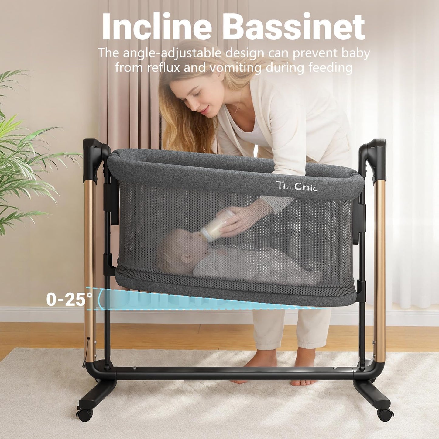 Electric Baby Bassinet, 7 Height Adjustable Rocking Bassinet for Baby, Auto Infant Sleeper with Timer, 12 Lullabies, Wheels, Smart Rocking Crib for Newborns, Beige