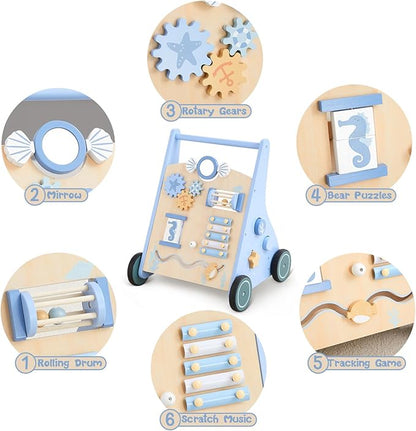 Beright Wooden Baby Walker Push and Pull Learning Activity Walker with Wheels Montessori Walker Toy Multiple Activities Center Develops Motor Skills & Stimulates Creativity (Blue)