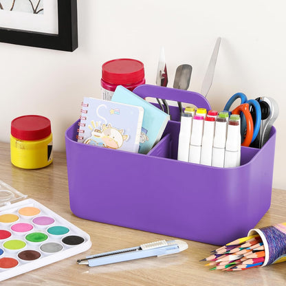 Multiuse Caddy Organizer with Handle, Portable Divided Plastic Tote Bin - Art Craft, Stationary Pen Marker Crayons, Makeup Hair Supplies Storage - Bathroom, Classroom, Dorm, Office, Desk Holder - Pink