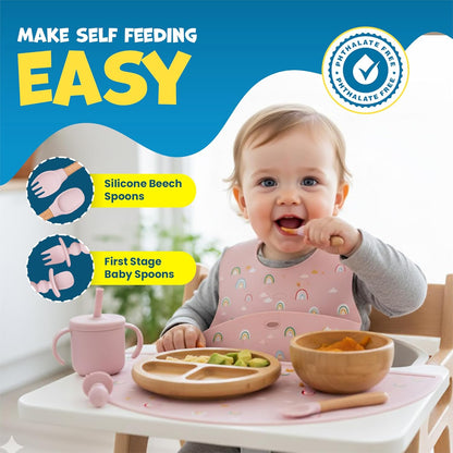 Bamboo & Silicone Baby Feeding Set 8 PCS | Baby Led Weaning Supplies Self Feeding | Divided Suction Plate Bowl Bib Sippy Cup with Straw Utensils Baby Bowls and Spoons Toddler Feeding Set (Yellow)