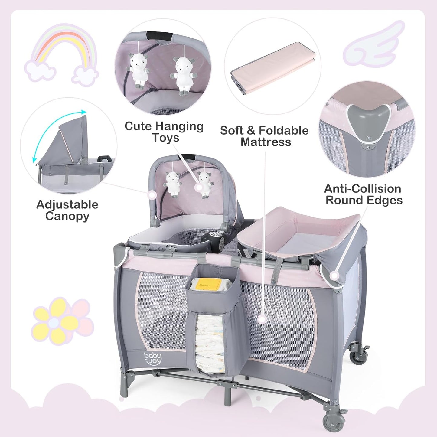 BABY JOY 5 in 1 Pack and Play, Portable Nursery Center Baby Playard w/Bassinet & Diaper Changing Table, Bag, Infant Bassinet Crib Activity Center for Baby Toddlers Indoor Outdoor (Royal Blue, Classic)