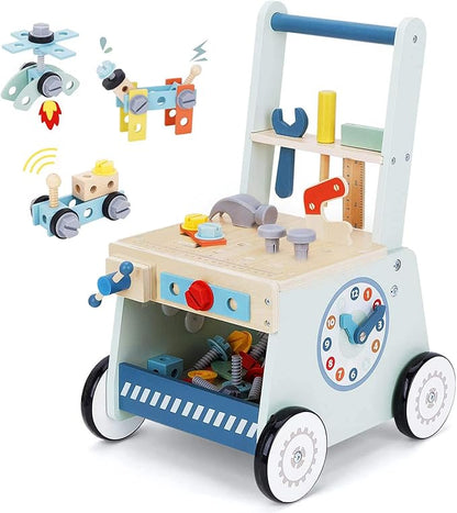 2-in-1 Baby Push Walker - Wooden Push Walker and Tool Toy for Babies - Toddler Learning Activity Walker for Girls Boys 1-3 Years - Educational and Sturdy Construction