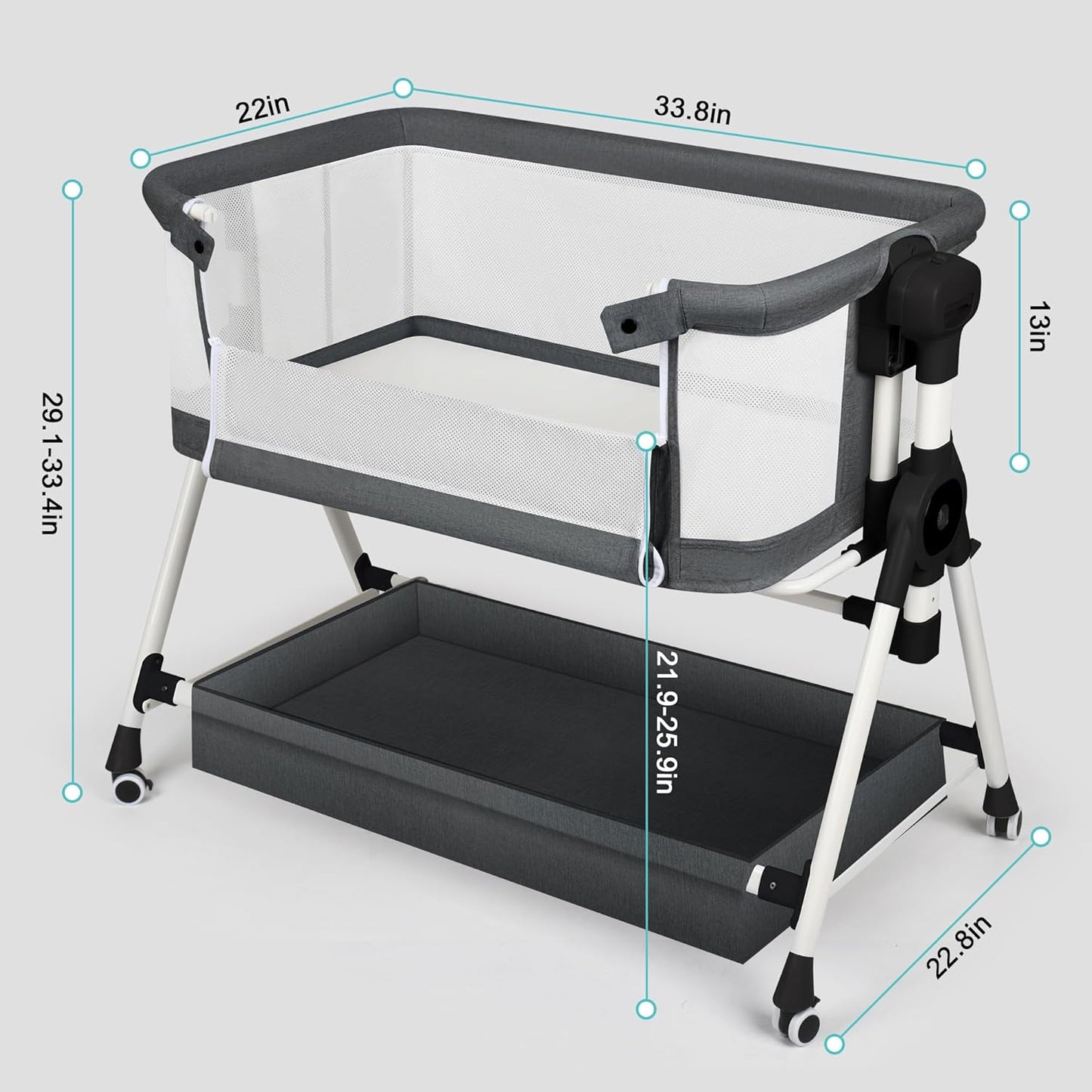 VOOI Baby Bassinet Bedside Sleeper, 3 in 1 Rocking Bassinet for Baby, Bassinet Bedside Sleeper with Wheels, Adjustable Height, Storage Basket, Mattress & Canopy, Bed Side Bassinet for Newborn