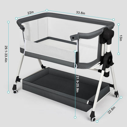 VOOI Baby Bassinet Bedside Sleeper, 3 in 1 Rocking Bassinet for Baby, Bassinet Bedside Sleeper with Wheels, Adjustable Height, Storage Basket, Mattress & Canopy, Bed Side Bassinet for Newborn