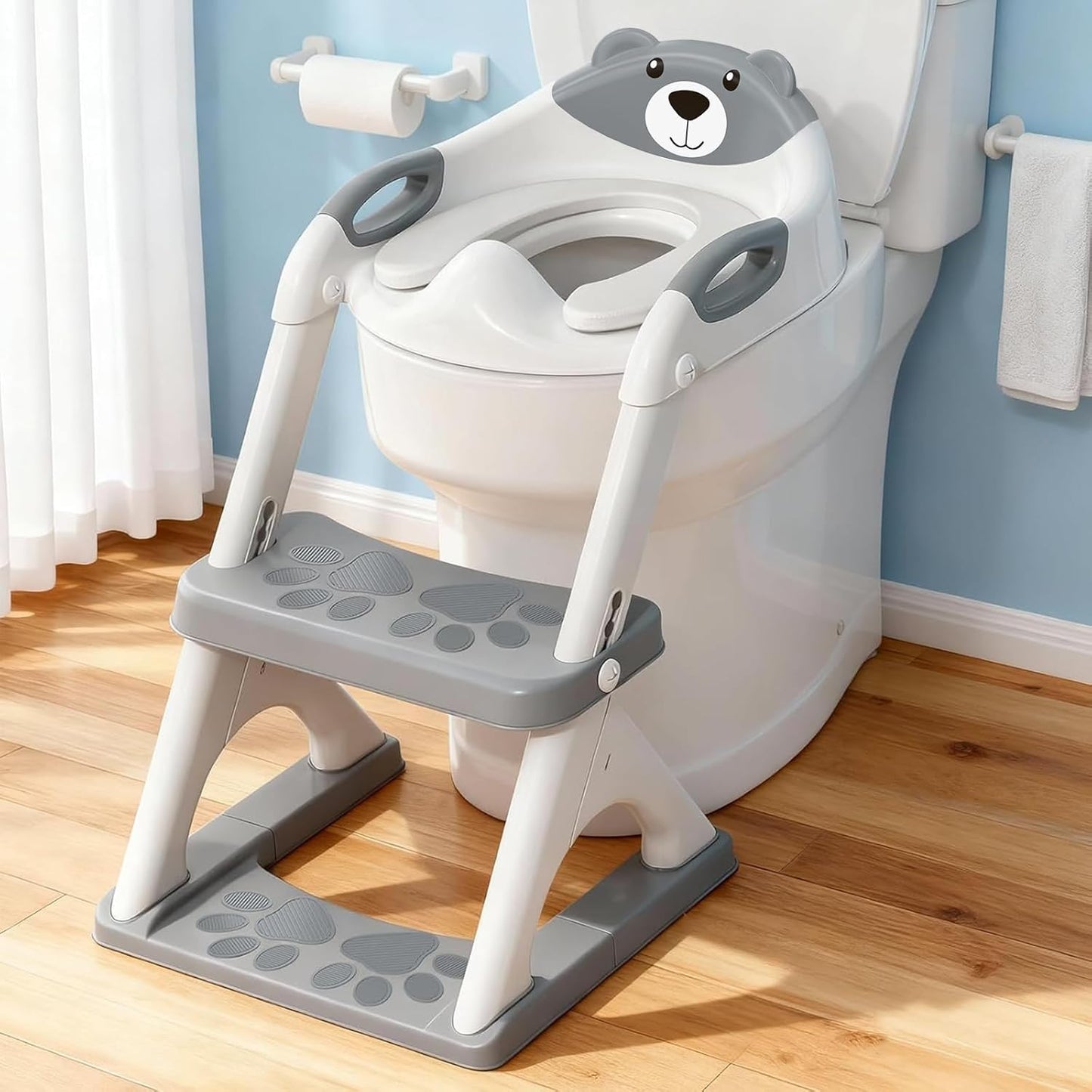 Potty Training Seat, SKYROKU Upgrade Toddler Toilet Seat for Kids Boys Girls, 2 in 1 Potty Training Toilet, Splash Guard Anti-Slip Pad Step Stool,New Sector-Shape Stabilized Base (8899+Grey)