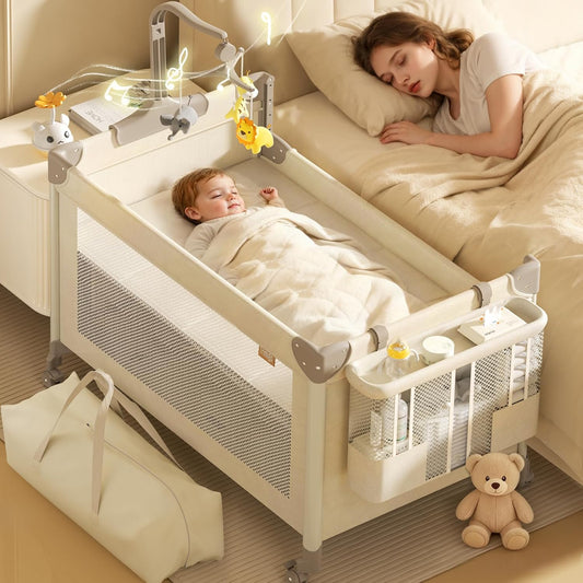 4-in-1 Baby Playard, Pack and Play: 4-Level Height-Adjustable Bedside Bassinet, One-Touch Foldable Travel Crib with Changing Table, Music Mobile & 4 Locking Wheels for Newborn to Toddler