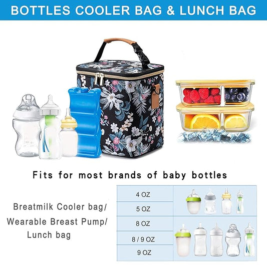 Breastmilk Cooler Bag with Ice Pack Fits 6 Baby Bottles Up to 9 Ounce, Baby Bottle Bag with Shoulder Strap for Nursing Mom Daycare, Floral
