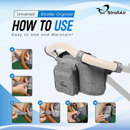 StrollAir Universal Stroller Organizer with Insulated Cup Holder, Stroller Caddy Compatible with Cosmos, Solo, Nuna, Baby Jogger, Bumbleride, Uppababy, Parent Drink Holder Stroller Accessories (Black)