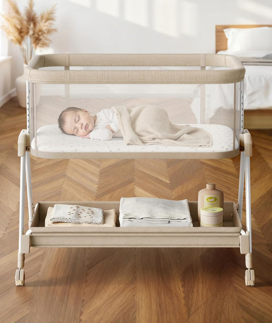 Fodoss Baby Bassinets Bedside Sleeper - 3-in-1 Baby Bassinet with Wheels, Soft Mattress, Storage Tray, Full-Mesh Sides, 7-Height Adjustable Crib for Newborns