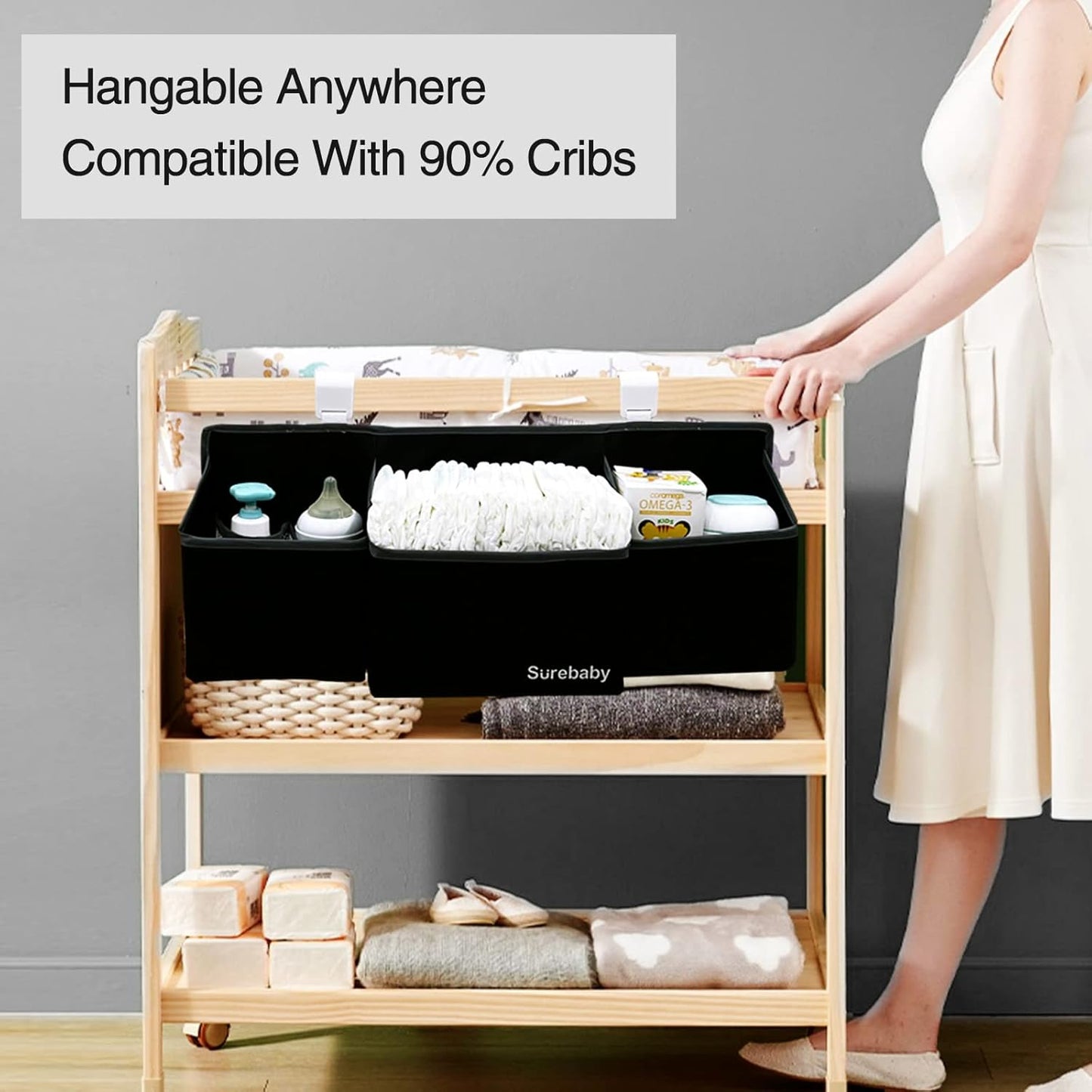 Hanging Baby Diaper Caddy, 3-in-1 Diaper Caddy Organizer Holder For Baby Crib, Nursery Organization Diaper Stacker Storage For Crib, Changing Table-Grey