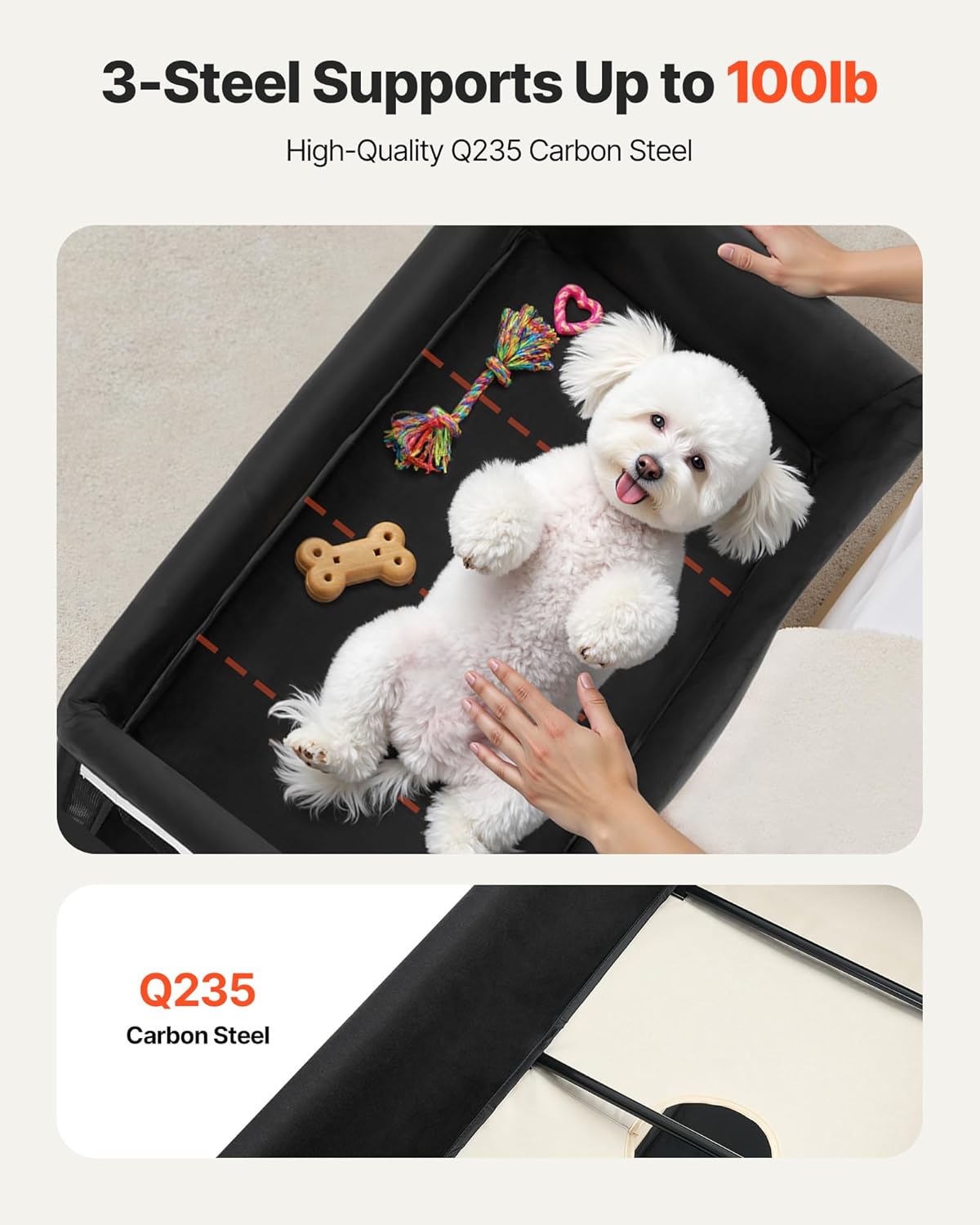 VEVOR Bedside Lounge Pet Bed, Foldable Bunk Dog Bed with 600D Oxford Cloth and Dutch Velvet, Portable Raised Cot with Wheels, Side Storage Bags, and Carry Bag for Cats & Dogs, L, Beige