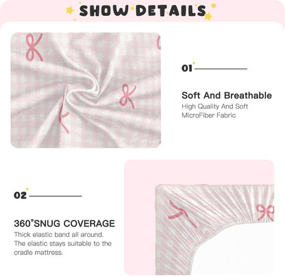 Fitted Crib Sheets Pink Checkered and Bows Stretchy Portable Playard Sheets for Baby Toddler, Breathable Soft Mini Crib Mattress 39 x 27 in for Boys and Girls