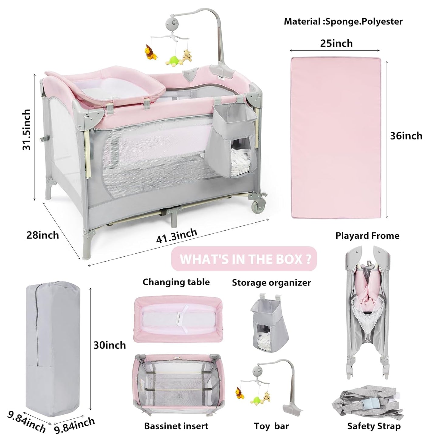 SIMPLGIRL 5-in-1 Baby Bassinet Bedside Crib, Pack and Play Long Next to Parents Bed Crib, Foldable Playard, Playpen Travel Bed Nursery Center for Girl Boy Infant Newborn