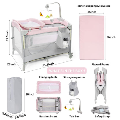 SIMPLGIRL 5-in-1 Baby Bassinet Bedside Crib, Pack and Play Long Next to Parents Bed Crib, Foldable Playard, Playpen Travel Bed Nursery Center for Girl Boy Infant Newborn