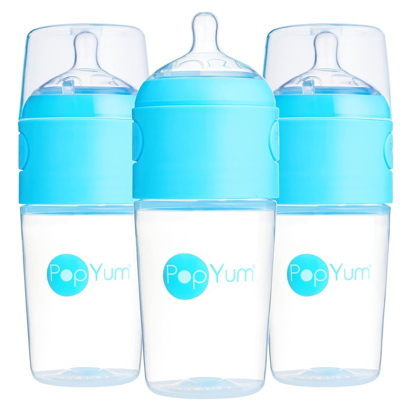 PopYum 9 oz Blue Anti-Colic Formula Making Baby Bottles, 3-Pack with #2 Medium Flow Nipples, 260 ml, BPA-Free, Natural Latch, Mixing, Dispenser