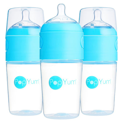 PopYum 9 oz Blue Anti-Colic Formula Making Baby Bottles, 3-Pack with #2 Medium Flow Nipples, 260 ml, BPA-Free, Natural Latch, Mixing, Dispenser