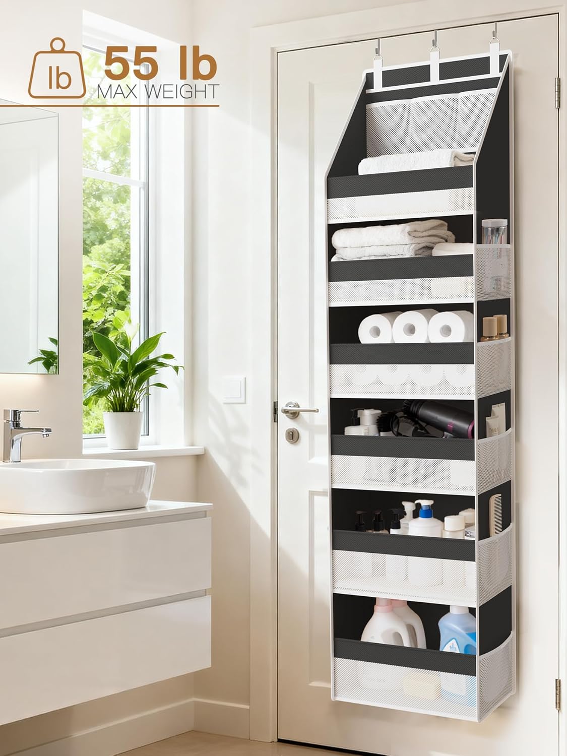 Criusia Over the Door Organizer, 6-Shelf Closet Hanging Storage with 13 Mesh Pockets, 55lbs Capacity Behind the Door Storage for Baby Nursery, Bathroom, Bedroom, and Dorm, Beige