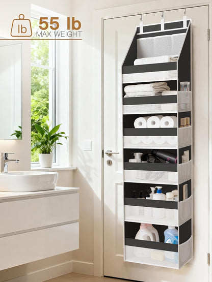 Criusia Over the Door Organizer, 6-Shelf Closet Hanging Storage with 13 Mesh Pockets, 55lbs Capacity Behind the Door Storage for Baby Nursery, Bathroom, Bedroom, and Dorm, Beige