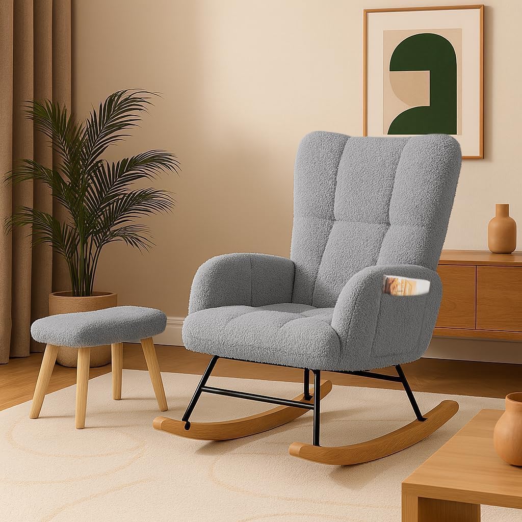 COMHOMA Nursery Rocking Chair with Ottoman,Teddy Glider Rocking Chair,Accent Chair with High Backrest Reading Chair for Adult,Nursery,Bedroom,Living Room,Offices(Beige with Ottoman)