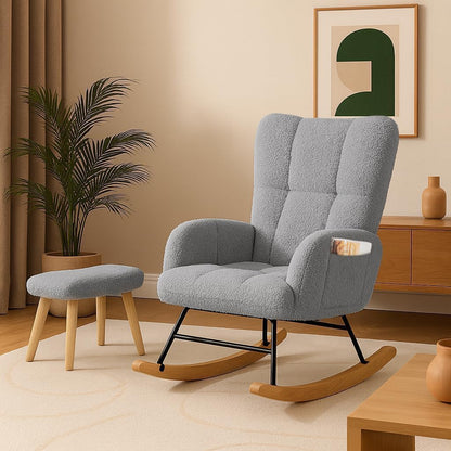 COMHOMA Nursery Rocking Chair with Ottoman,Teddy Glider Rocking Chair,Accent Chair with High Backrest Reading Chair for Adult,Nursery,Bedroom,Living Room,Offices(Beige with Ottoman)