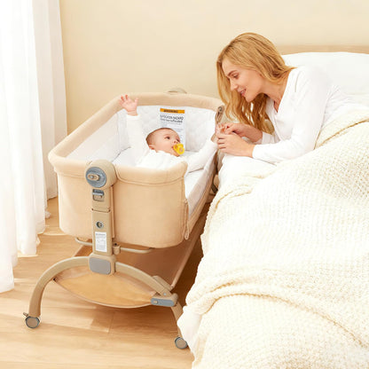 GarveeTech Bedside Bassinet Baby Bassinet for Baby, 3 in 1 Bedside Sleeper with Baby Co-Sleeper Travel Crib with Detachable Mosquito Net & Storage Basket | Adjustable Height, Wheels Included (Khaki)