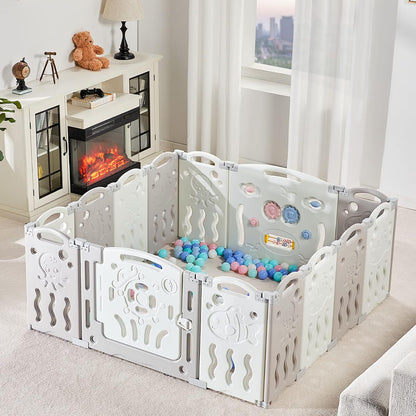 Albott Baby Fence Kid Playpen 18 Panel Albott Play Yard - Foldable Kids Safety Activity Center Playard Safety Lock Gate,Adjustable Shape, Portable Design for Indoor and Outdoor (18 Panel, Grey+White)