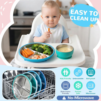 Havawish 8 Pcs Stainless Steel Baby Plate and Bowls with Suction, 8.3" Kid Divided Plate and 4" Toddler Bowl with Removable Silicone, BPA-free Non-slip Baby Feed Set Dishwasher Safe for Boy Girl(Pink)