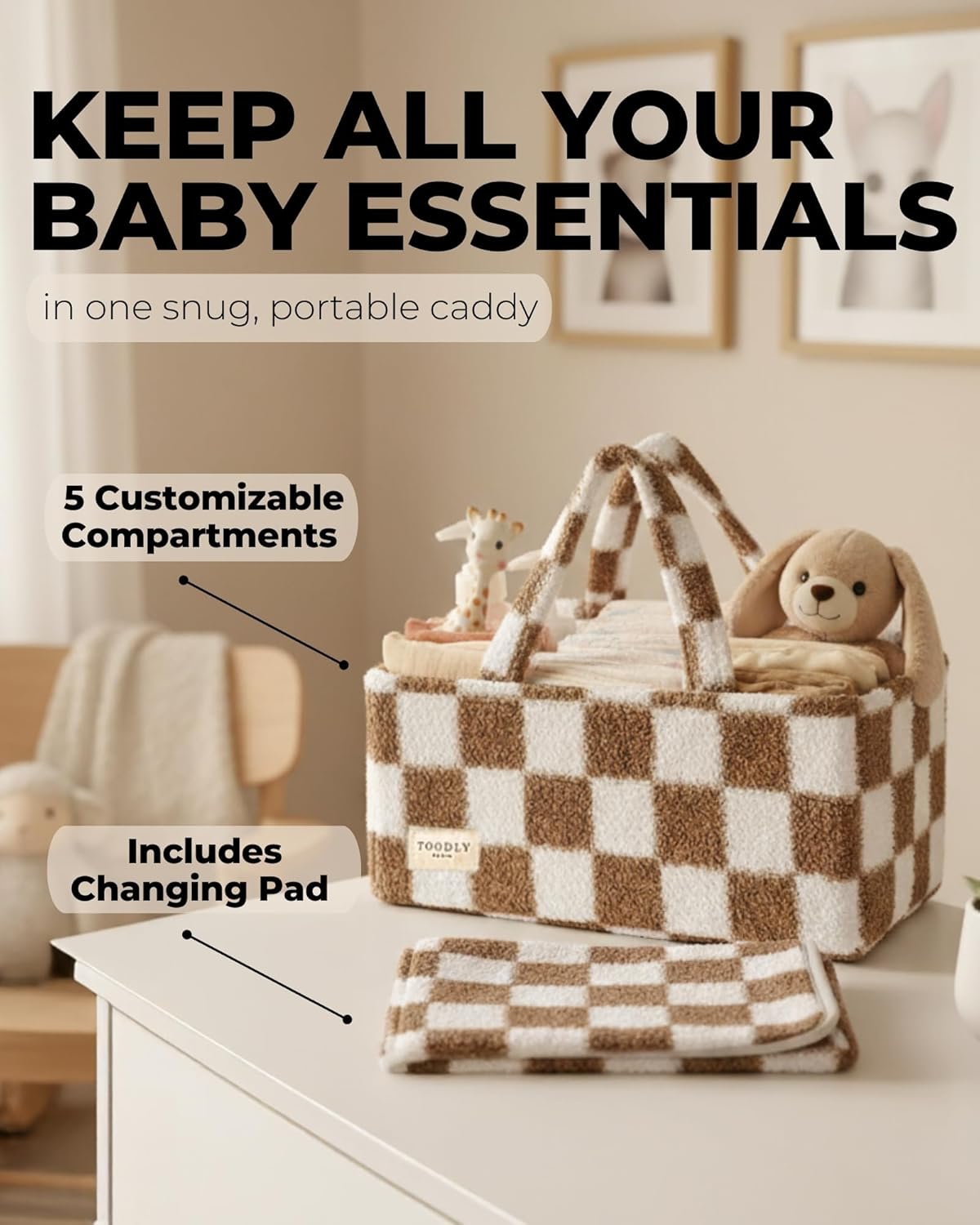 Baby Diaper Caddy Organizer with Portable Changing Mat - Teddy Fleece Diaper Organizer for Changing Table - Basket for Changing Essentials - Baby Essentials Organizer with Removable Dividers