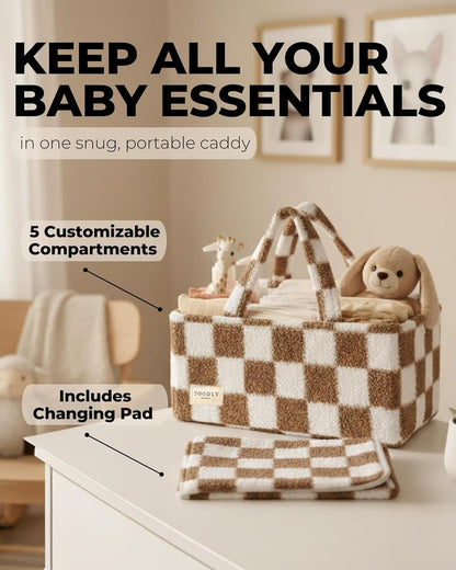 Baby Diaper Caddy Organizer with Portable Changing Mat - Teddy Fleece Diaper Organizer for Changing Table - Basket for Changing Essentials - Baby Essentials Organizer with Removable Dividers
