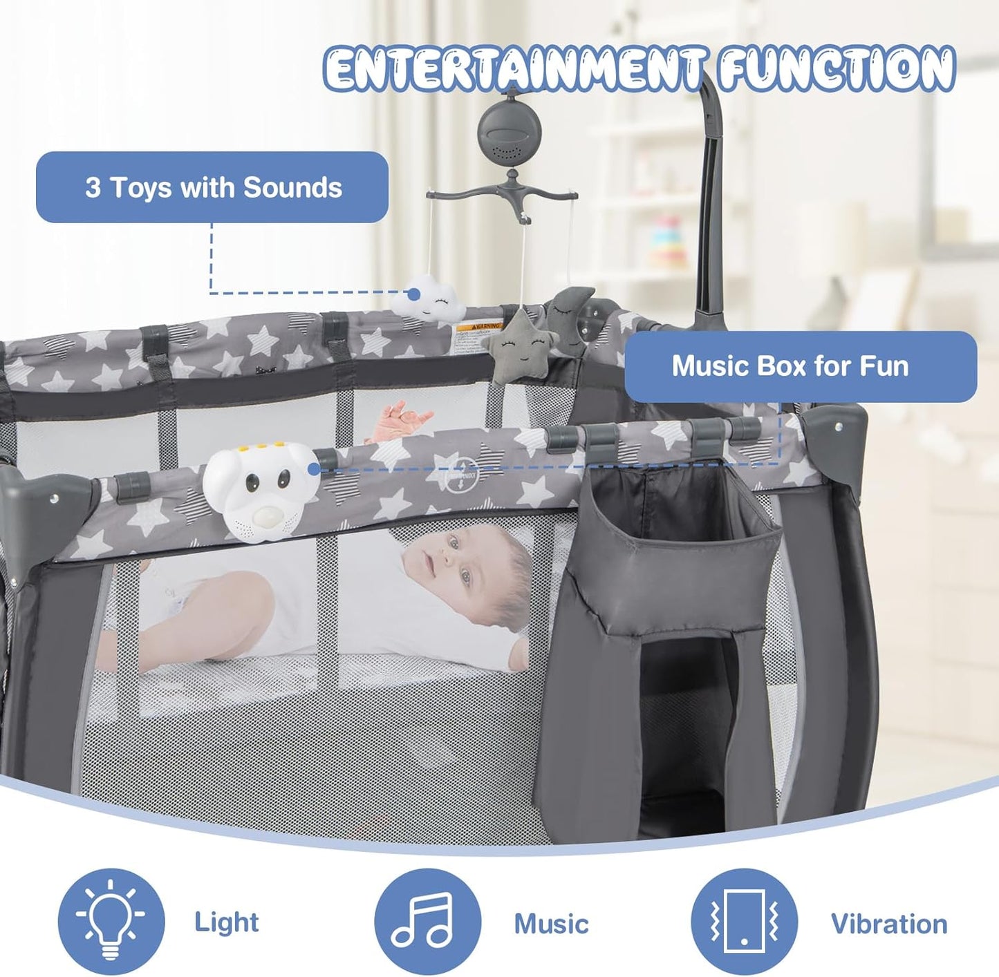 HONEY JOY Pack and Play, 3 in 1 Portable Baby Playard with Bassinet, Changing Table, Lockable Wheels, Music Box, Foldable Travel Baby Crib Nursery Center from Newborn to Toddler (Coffee Pink)