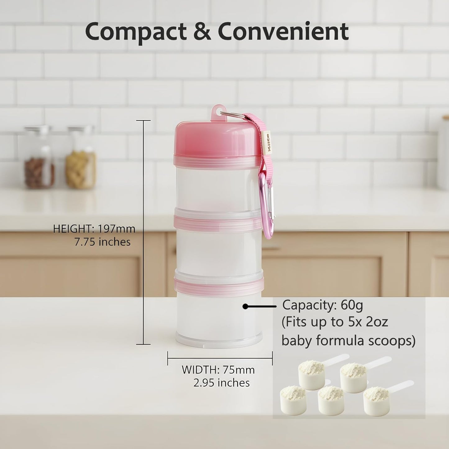 Formula Container to Go – Baby Essentials, Stackable Formula Dispenser for Night Feedings, Snacks and More – 2 Pack, by KiKo (Pink)