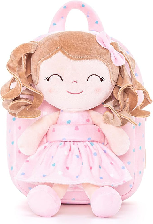 Gloveleya Toddler Backpack Baby Girl Gifts Curly Hair Plush Figures Dress Kids Backpacks Curly Hair Loving Heart Backpack - Pink Loving Heart 9inches