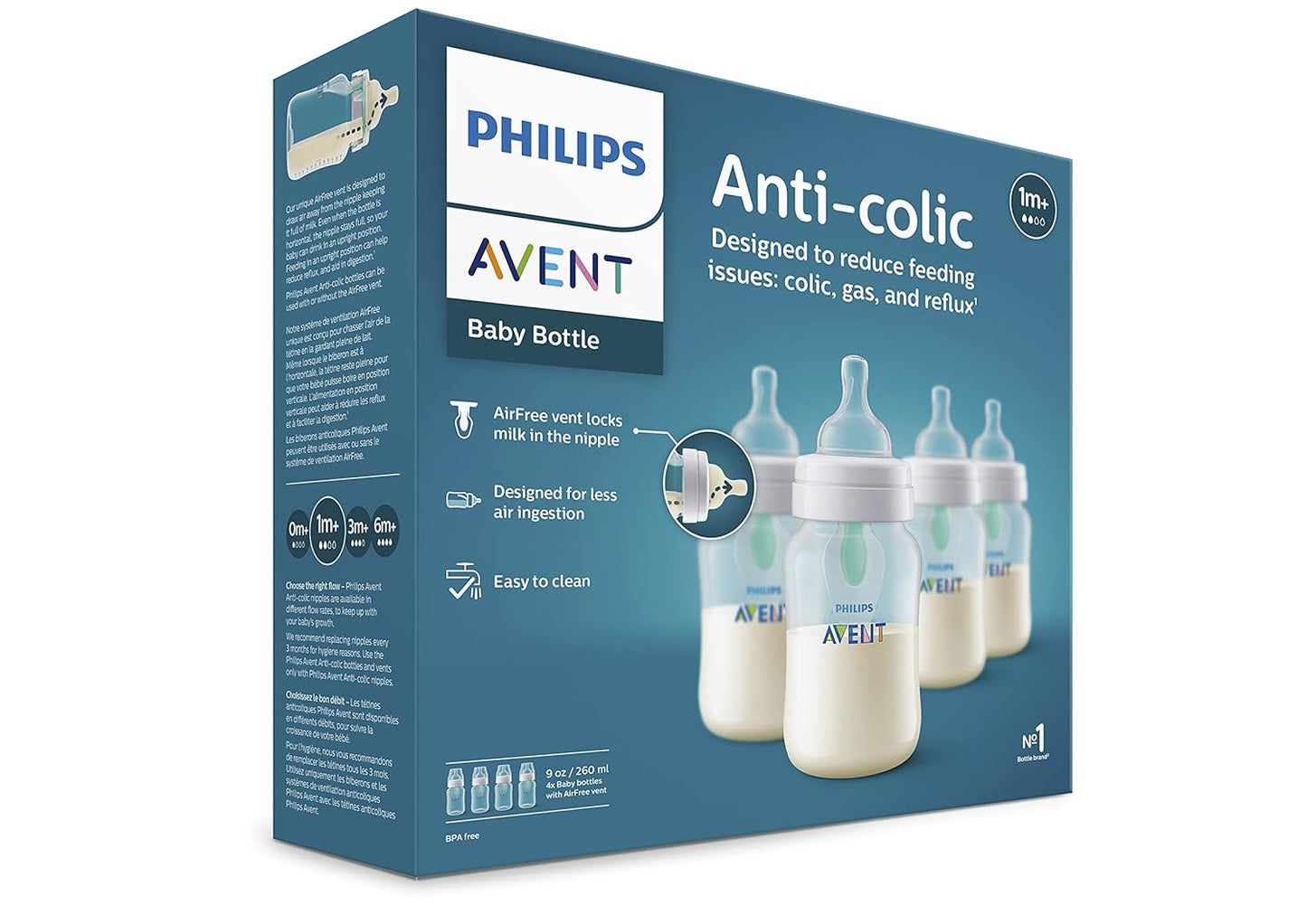 Philips Avent Anti-Colic Bottle with AirFree Vent, 4oz, with Flow 1 Nipples, 0m+, 4pk, Clear, SCY701/04