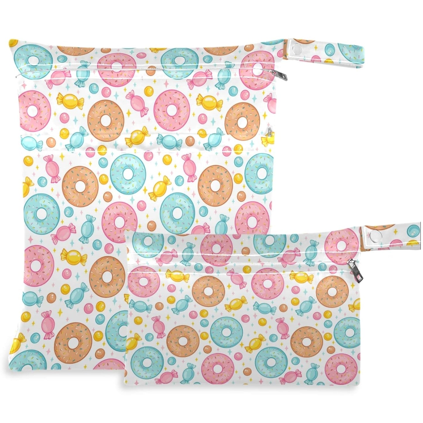 visesunny Colorful Donut Candy 2Pcs Wet Bag with Zippered Pockets Washable Reusable Roomy for Travel,Beach,Pool,Daycare,Stroller,Diapers,Dirty Gym Clothes, Wet Swimsuits, Toiletries