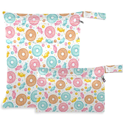visesunny Colorful Donut Candy 2Pcs Wet Bag with Zippered Pockets Washable Reusable Roomy for Travel,Beach,Pool,Daycare,Stroller,Diapers,Dirty Gym Clothes, Wet Swimsuits, Toiletries