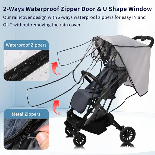 Stroller Rain Cover, Universal Clear Breathable Weather Shield with Waterproof 2-Way Zippers Open, 4 Seasons Protection for Baby from Rain, Wind, Snow (Two Ways Open on Front)