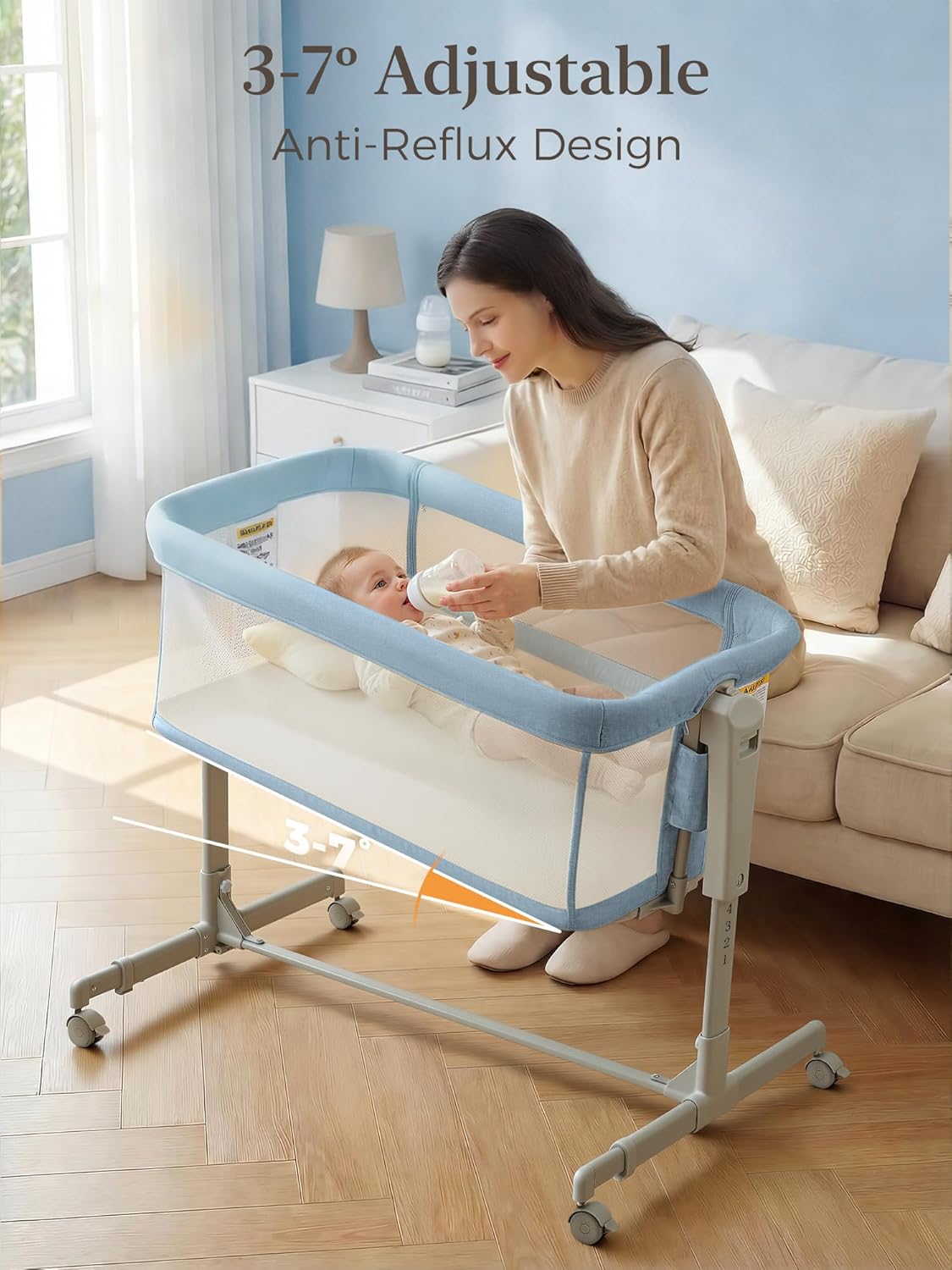 ONTHEWEI Baby Bassinet Bedside Sleeper 3-in-1, Easy Night Feeding with One-Side Fold & Rolling Wheels, Breathable Mesh, 6-Height Adjustable, Soft Mattress for Newborns