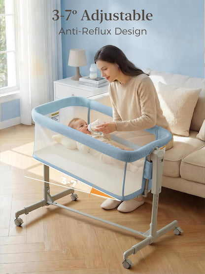 ONTHEWEI Baby Bassinet Bedside Sleeper 3-in-1, Easy Night Feeding with One-Side Fold & Rolling Wheels, Breathable Mesh, 6-Height Adjustable, Soft Mattress for Newborns