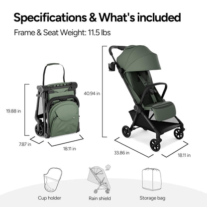 Mompush Nexis Carbon Travel Stroller, Ultra-Lightweight 11.5 lbs, Compact & Airplane Carry-On Approved, One-Second Auto-Fold, One-Hand Full Recline, from Birth to 50 lbs, JPMA Certified, Black