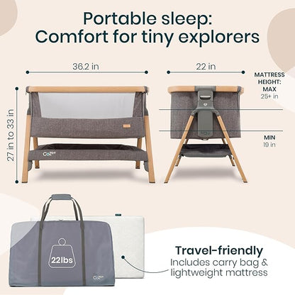 Tutti Bambini CoZee® 2-in-1 Baby Bassinet & Bedside Sleeper - Fast-Folding Bedside Bassinet, Baby Crib with 6 Mattress Heights & Breathable Mesh Window, Mattress Included, 0-6 Months (Oak & Charcoal)