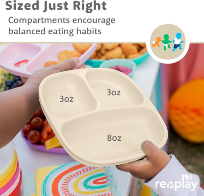 Re-Play Toddler Plates with Dividers - Deep-Walled 3 Compartments Divided Plates for Kids - Dishwasher & Microwave Safe - Made in USA - Set of 3-7.37" x 7.37" x 1.25" - Beach Baby
