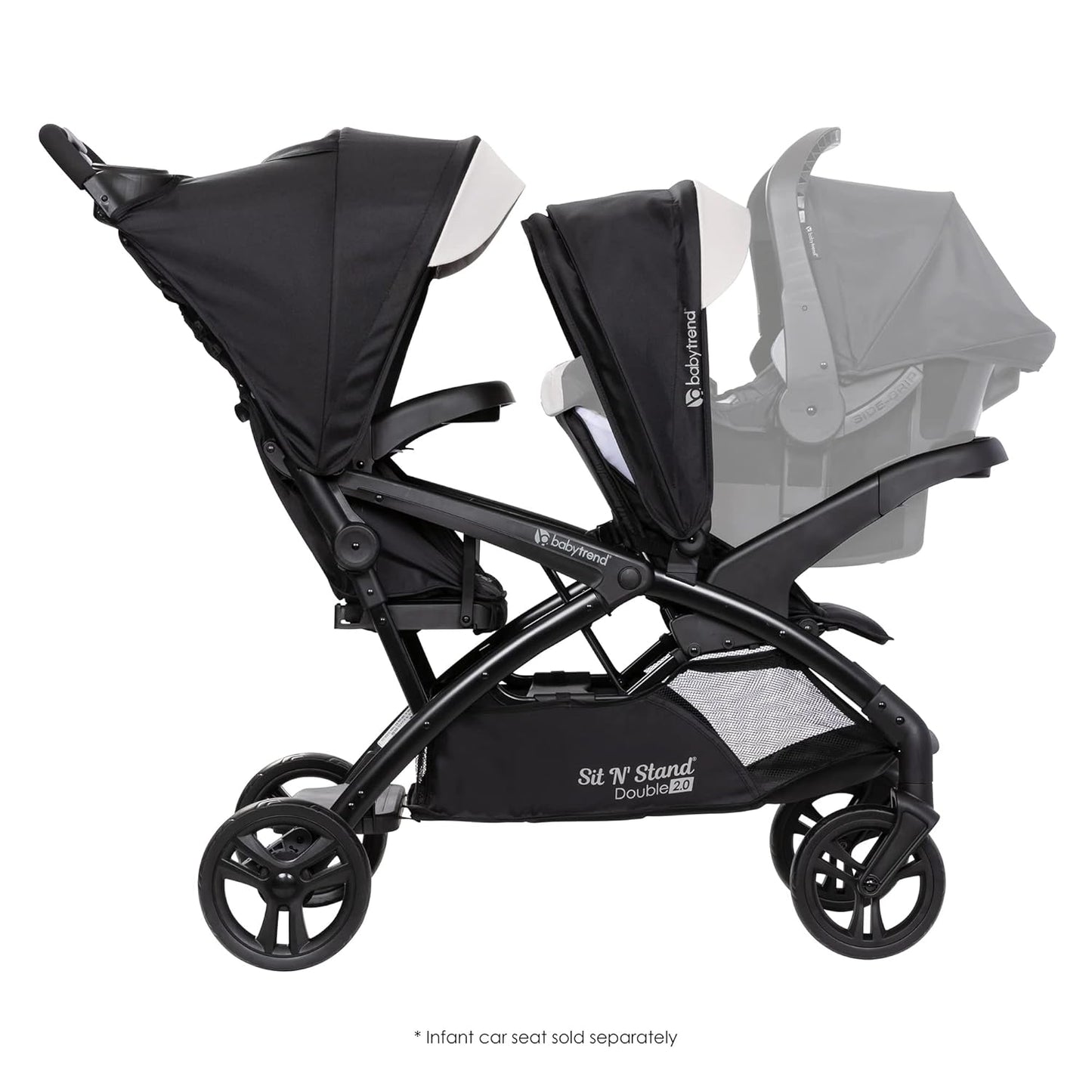 Baby Trend Double Stroller with Canopy Visors, Storage Basket and 2 Cup Holders, Sit N' Stand 2.0 DLX, Stormy – Foldable Infant and Toddler Tandem Stroller and Travel System