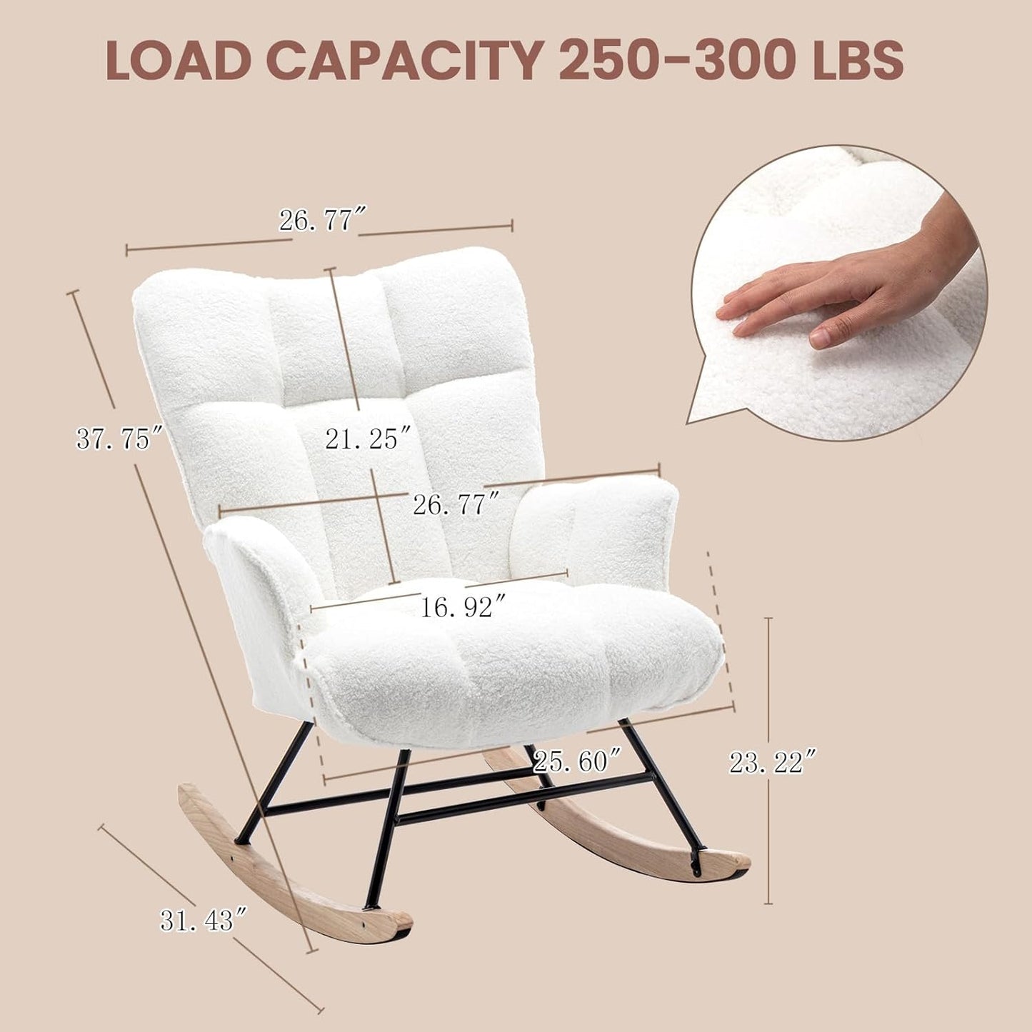 SAETSFEG Rocking Chair Nursery Teddy Upholstered Glider Rocker Rocking Accent Chair Padded Seat with High Backrest Armchair Comfy Side Chair for Living Room Bedroom Offices (Grey Teddy)